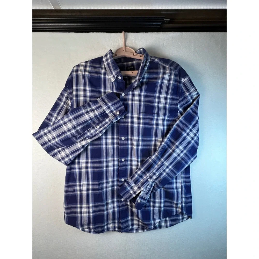 J.Crew Mens XL Slim Flex Washed Blue Plaid Shirt Stretch Preppy Button Down